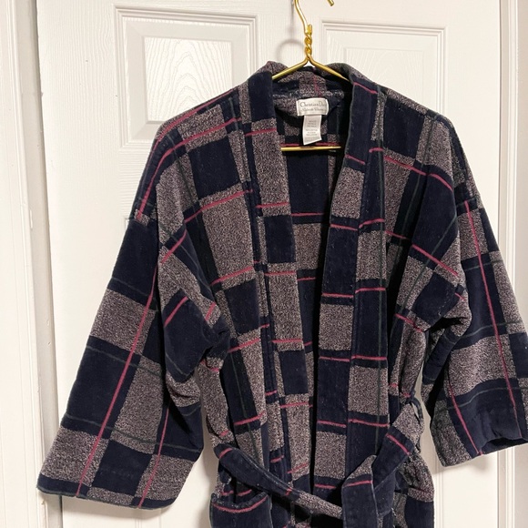VTG Christian Dior terry cloth 100% cotton bath robe plaid men’s with belt! - Picture 1 of 9